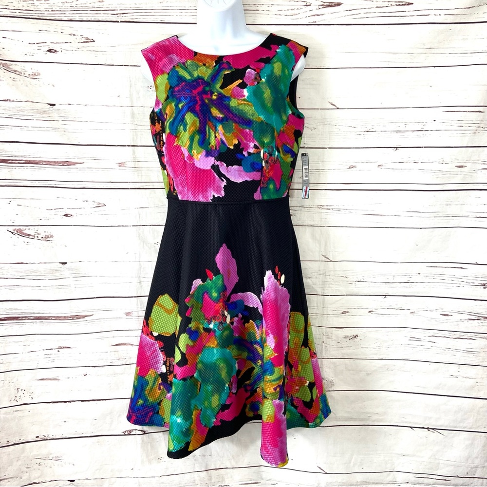 Tahari Asl Dress‎ Women’s 6 Black/Flaming A-Line Floral Sleeveless
